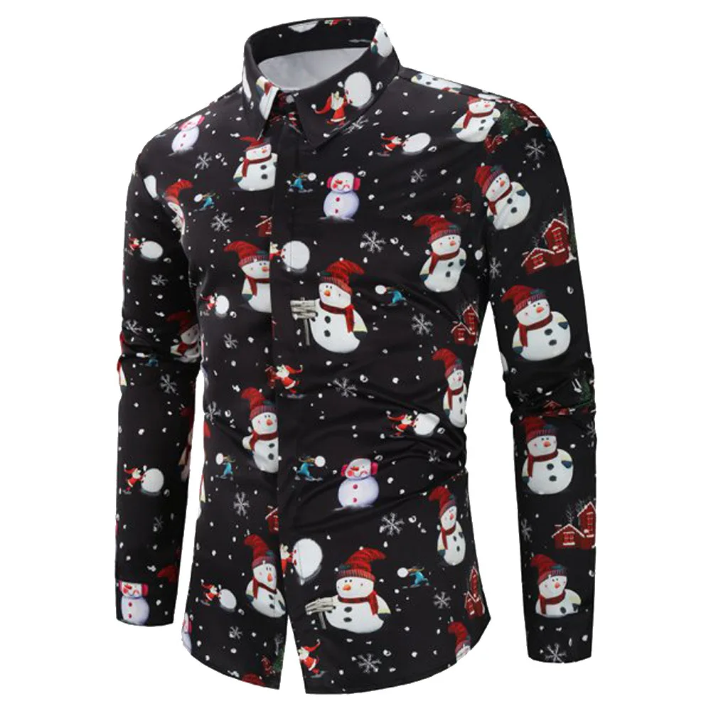 2018 Christmas Shirts Men Long Sleeve Turn-down Shirt Casual Slim Fit Print | Мужская одежда