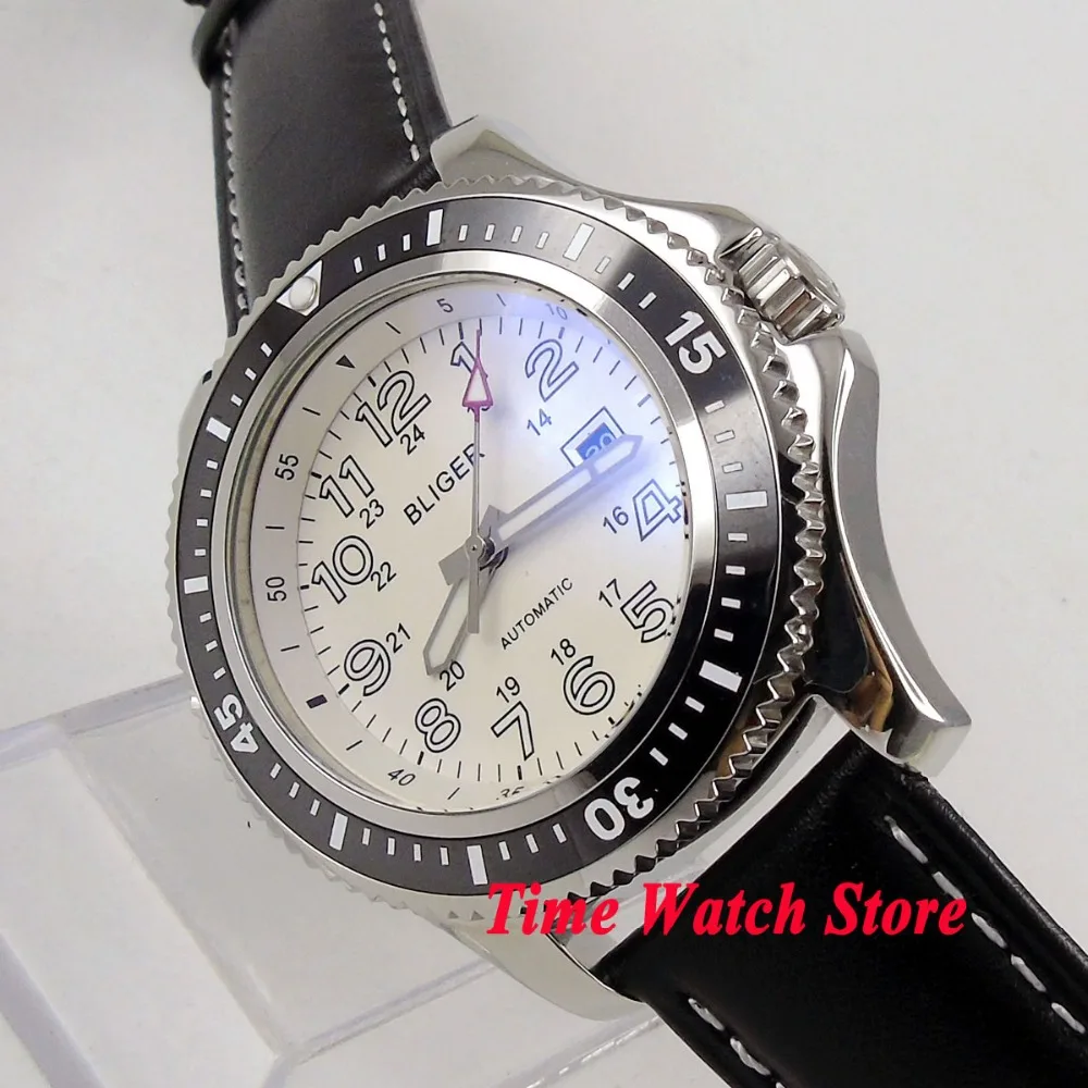 

44mm BLIGER Automatic men's watch white dial luminous ceramic bezel polished SS case leather strap wrist watch men 142