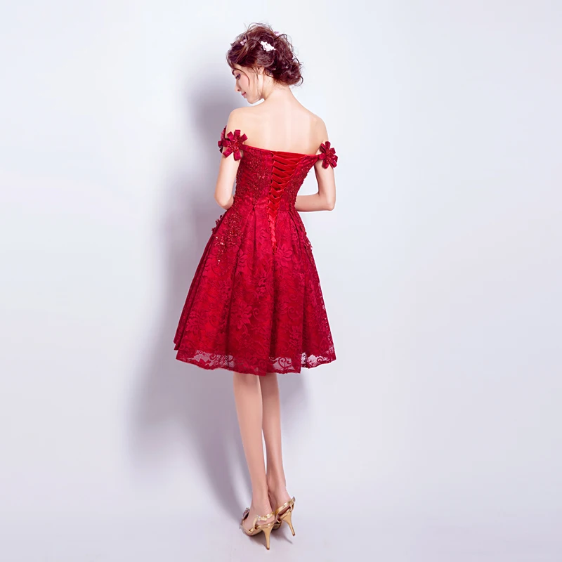 Ssyfashion Новое красное кружевное платье с цветочным рисунком Короткое коктейльное платье невесты замуж Банкетный Вышивка лодка Средства ухода за кожей Шеи до колена официальная Вечеринка платье