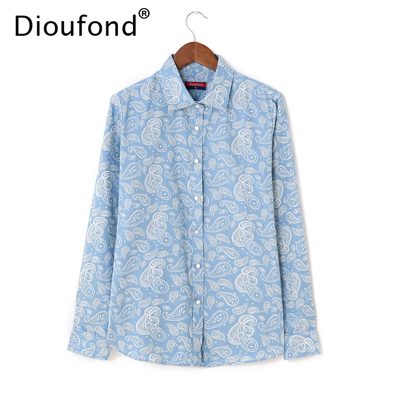 Dioufond Denim Shirts Women Blouses Pesley Print Thin Cotton Blouse Long Sleeve Slim Tops Blusas Camisa Jeans Casual Out|denim shirt women|shirt