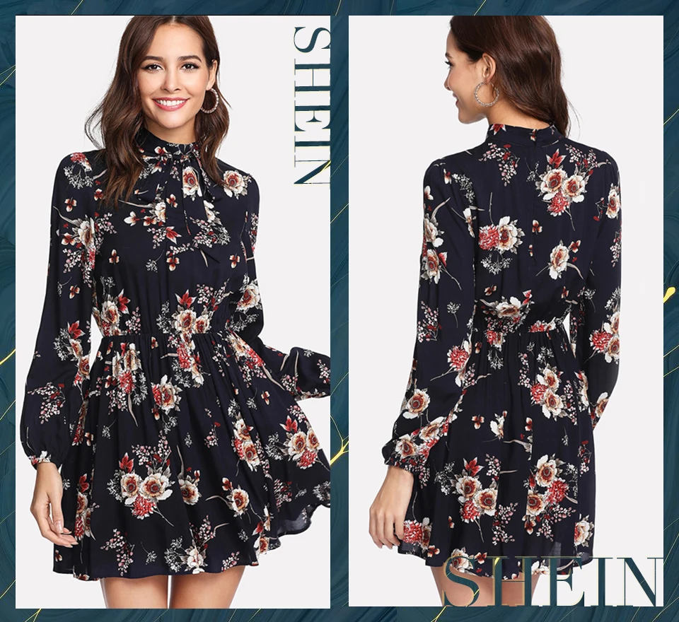 SHEIN Модное Платье С Бантом И Цветочным Принтом Женское Многоцветное Весеннее Элегантное Платье Со Стоячим Воротником И Длинными Рукавами