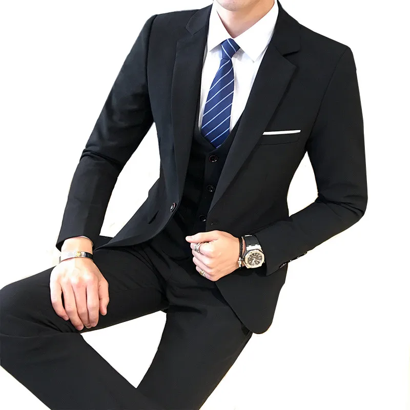 Новинка классический черный костюм 3 предмета куртка жилет брюки Модный Дикий