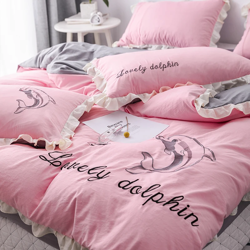 4 шт Помытый хлопок принцесса стиль сплошной модный розовый Дельфин дизайн