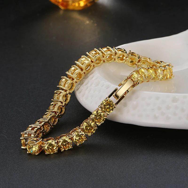 Yellow AAA Cubic Zirconia Gold-Color Women Bracelets Pulseiras Dubai Jewelry Anniversary Bracelet For Wedding Party Gift B-009 | Украшения
