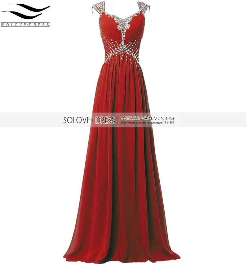 Красный Solovedress, сексуальное платье с v-образным вырезом, настоящие фотографии, кристально Зеленое Длинное платье для выпускного вечера, вечернее платье с рукавами, Vestidos De fiesta SLE-SLP07 - Цвет: Красный