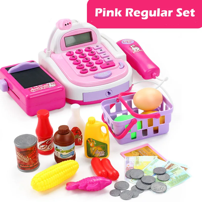 pink regular set Дети супермаркет кассовый аппарат электронные игрушки с продуктами корзина деньги Дети Обучение Образование ролевые игры набор подарок для девочки - Цвет: pink regular set