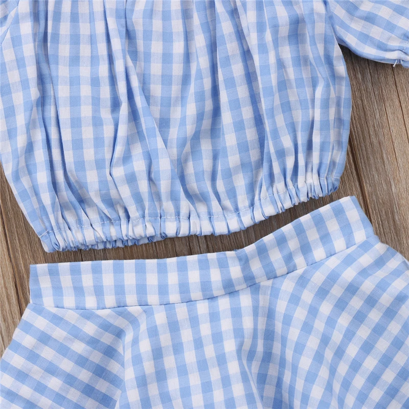 Pudcoco/От 1 до 6 лет комплект летней одежды для маленьких девочек голубой клетчатый