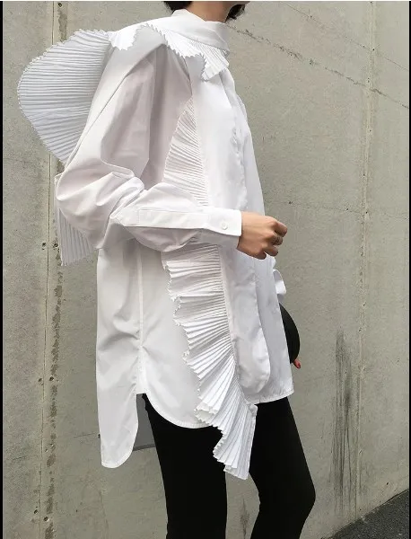 2019 Spring New Women Irregular Shirt Casual Fashion Pleated Decorative White Blouses Female Design Clothing fw245 |