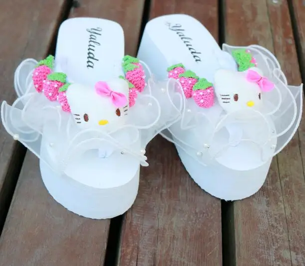 ?? HAHAFLOWER 女性靴イチゴ猫ヘッドレースサンダルスリッパビーチサンダルスロープ夏の女性の甘いスリッパ送料無料