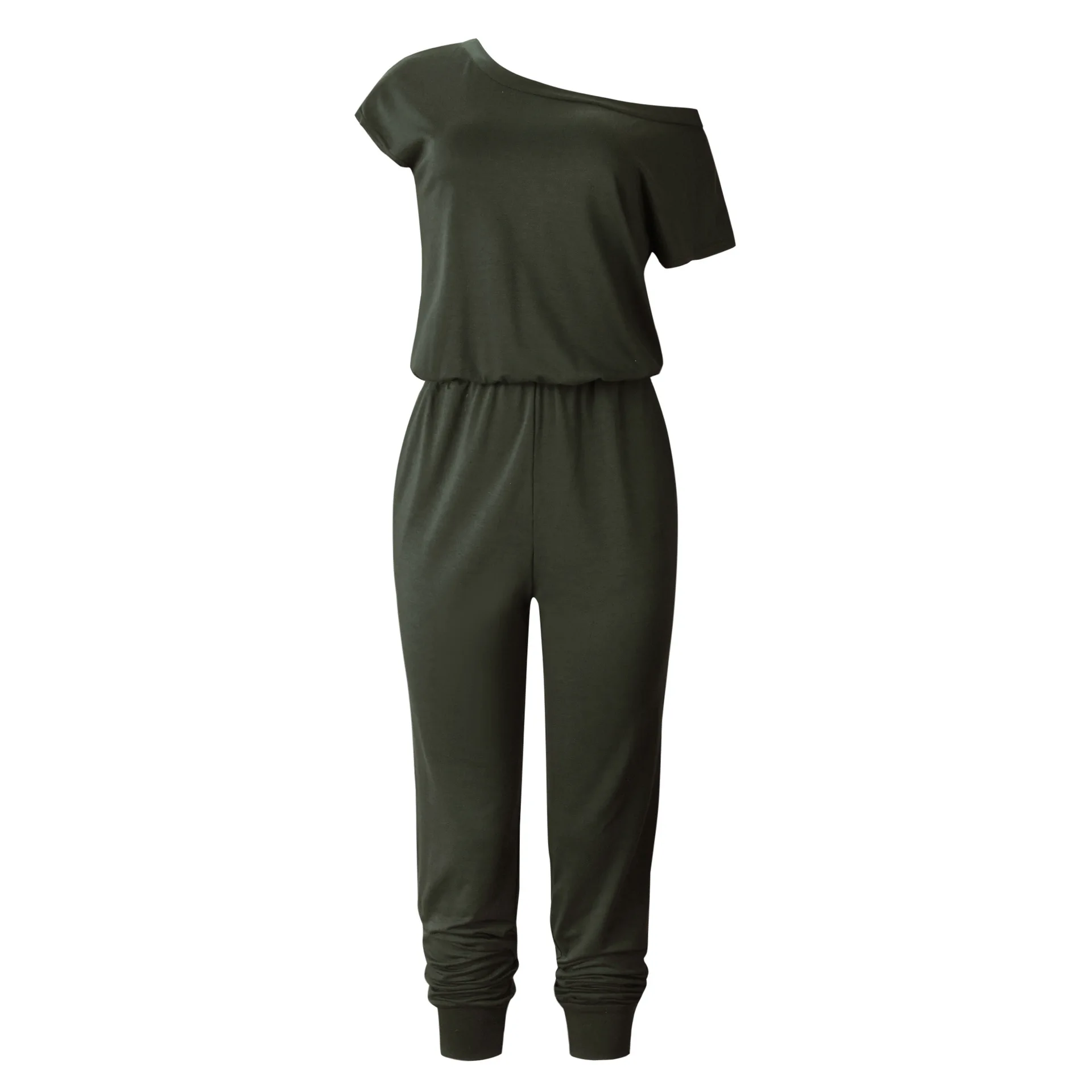 

Black Oblique Collar Elegant Loose Jumpsuits Women Short Sleeve Rompers Streetwear Femme Casual Summer Jumpsuit Elastic Waist