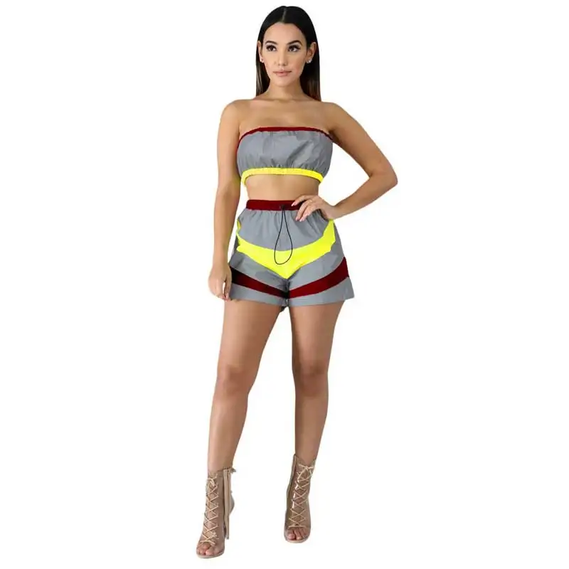 Contrast Color Fashion Woman Two Pieces Suit Hot Sexy Off Shoulder Strapless Crop Top Mini Short Pants Windbreaker Style | Женская