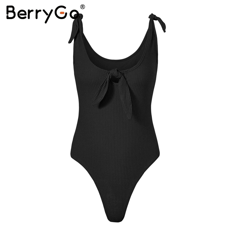 Черный BerryGo, белый бант, облегающий, вязанный боди, женский, черный, сексуальный, цельный, женский, Повседневный, красный, осень, зима, комбинезон - Цвет: Черный