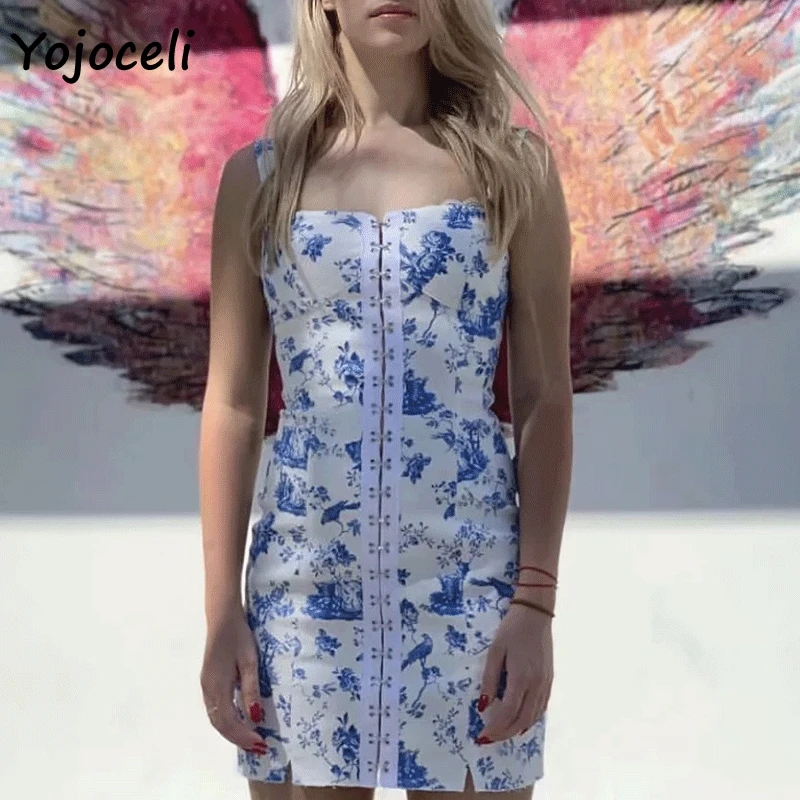 Платье Yojoceli женское клубный синий мини-платье с цветочным принтом и пряжкой |