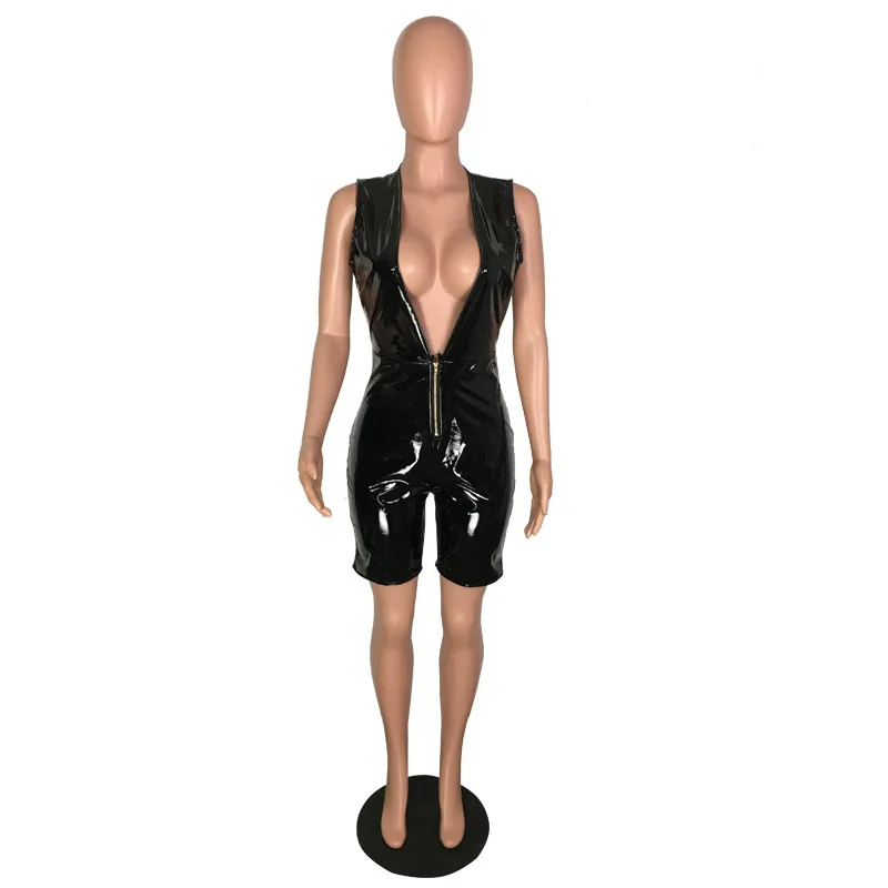 Женский комбинезон из ПУ кожи без рукавов на молнии с глубоким V образным