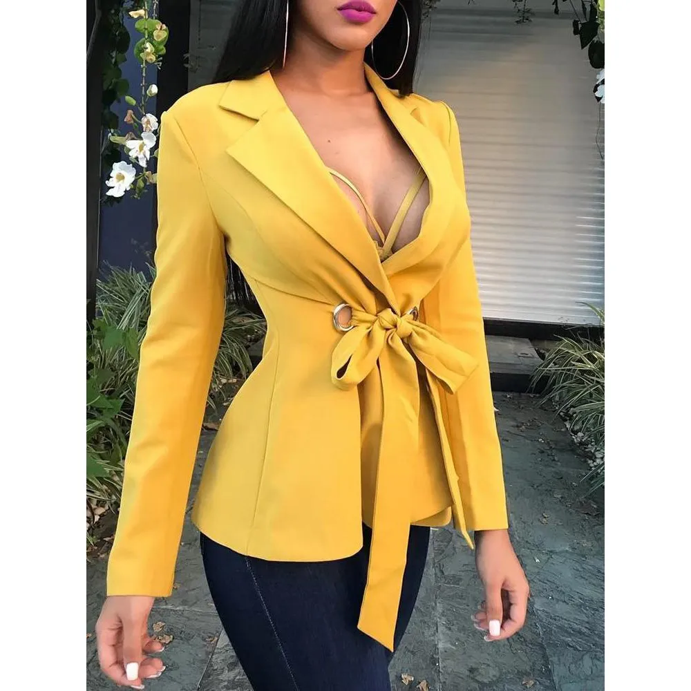 

2019 Long Sleeve Sashes Slim Blazer Jacket Summer Spring Lace Up Blazer Feminino