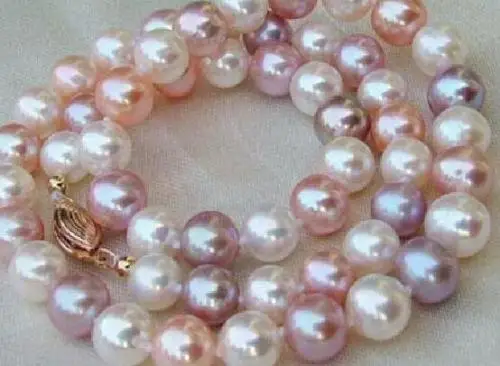 

19"8-9mm genuine natural south sea white pink round pearl necklace