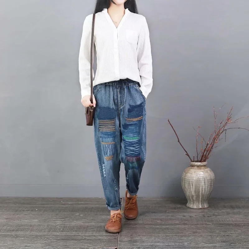 Женские рваные джинсы женские с вышивкой бойфренда повседневные брюки