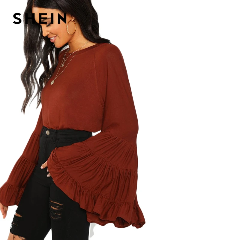 SHEIN, ржавчина, рабочая одежда, элегантная, Многоуровневая, с воланом, с рукавом колокол, с рюшами, с длинным рукавом, однотонная блузка, осень, минималистичные Женские топы и блузки