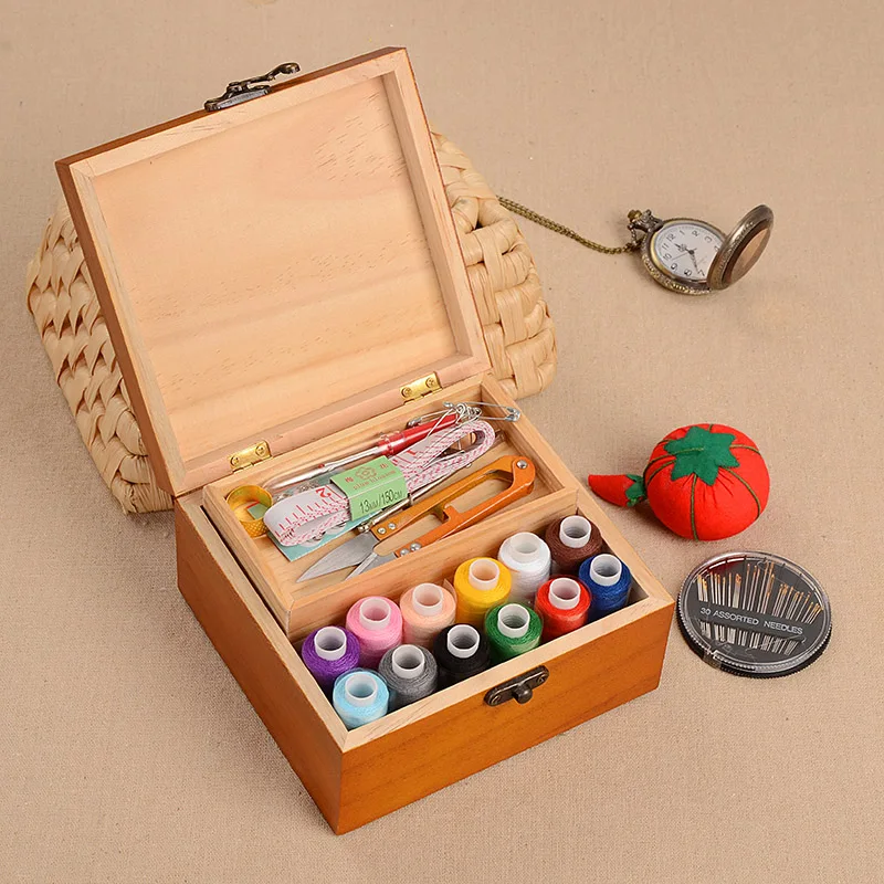 

Wood Box Sewing Kit Needle Tape Scissor Multifunction Threads Sewing Accessories Tools Wooden Storage Box