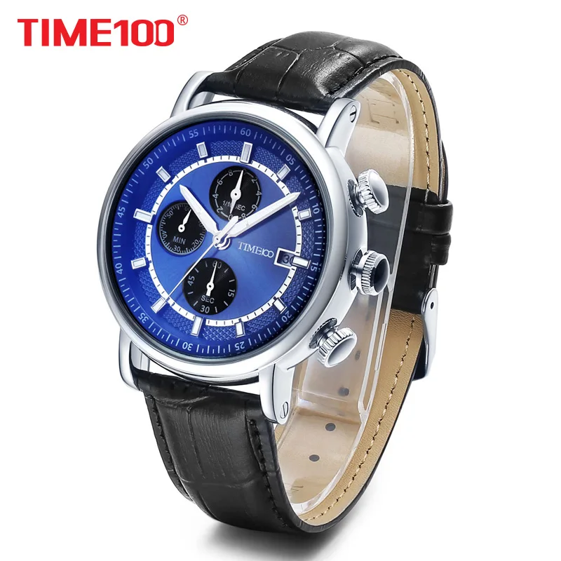 

2017 TIME100 Men's Multifunction Sport Casual Quartz Watches Leather Strap Chronograph Military Wrist Watch for Men reloj hombre