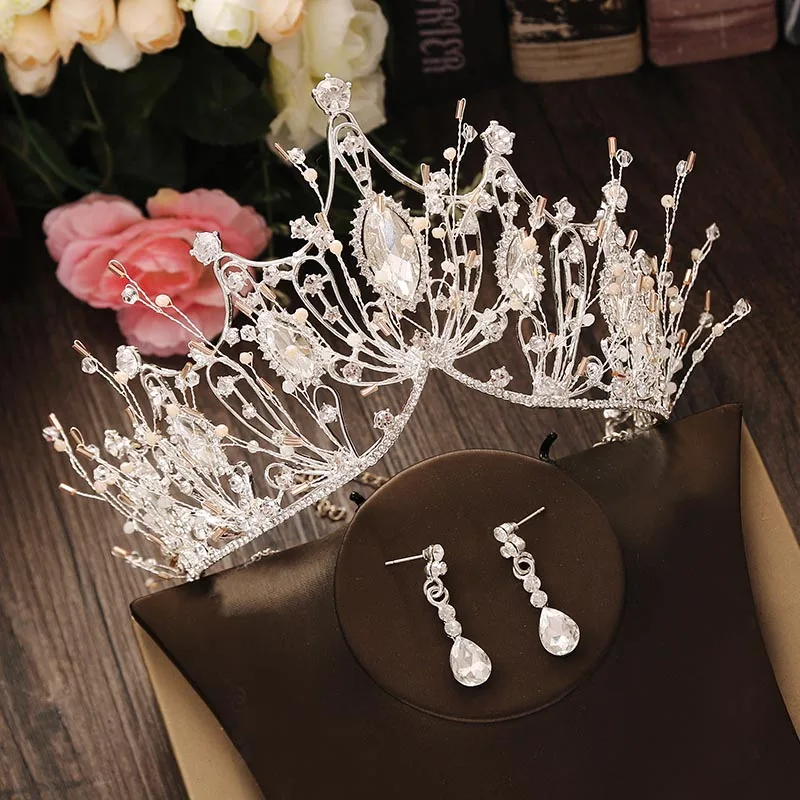 Silver Crown Pin Ear Свадебный ювелирный набор, горный хрусталь, кристалл, Золотая тиара, Серебряная корона, серьги для свадьбы, ожерелье, набор, аксессуары для невесты, роскошные ювелирные изделия - Окраска металла: Silver Crown Pin Ear