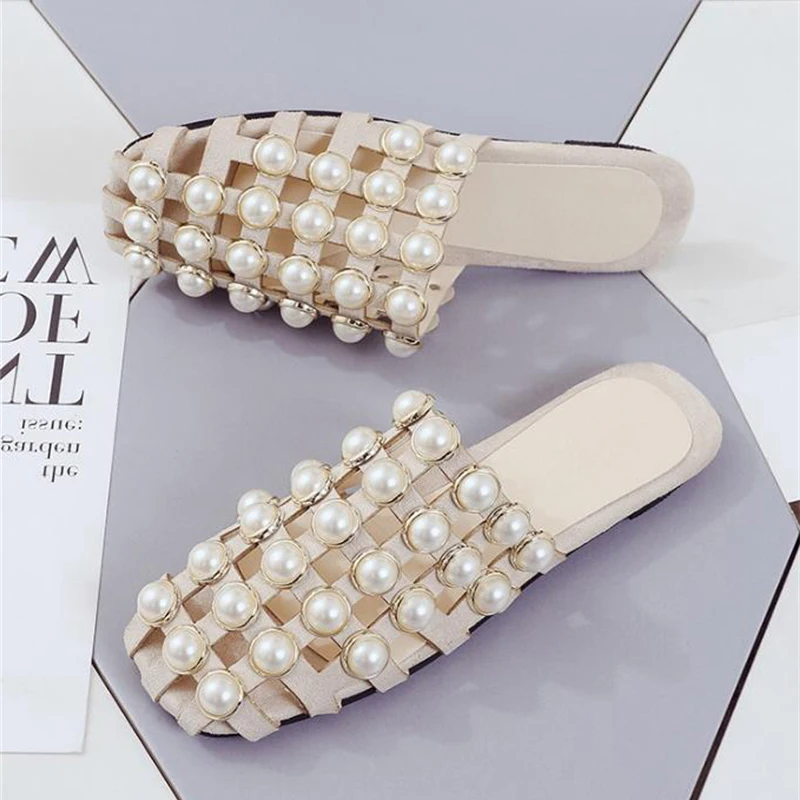Женские шлепанцы с жемчугом WYFAMDER летние женские сандалии на плоской подошве