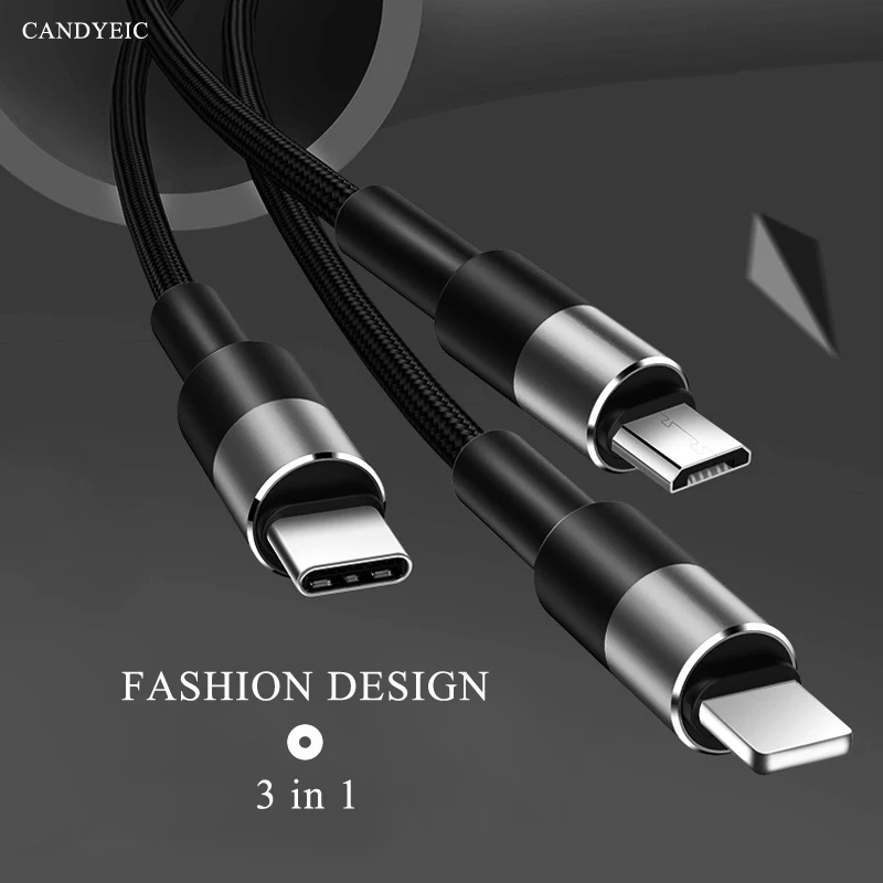 CANDYEIC Micro USB TYPE-C 3 в 1 USB кабель для IPhone 8 X samsung S10 Xiaomi 9 Redmi K20Pro OnePlus 7 6 телефонный провод зарядное устройство