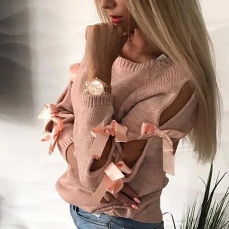 2018 Autumn Top Women Bow Hollow Out Sweater Long Sleeve Knitted Pullover Lace Up Sweaters Pullovers O Neck Casual | Женская одежда