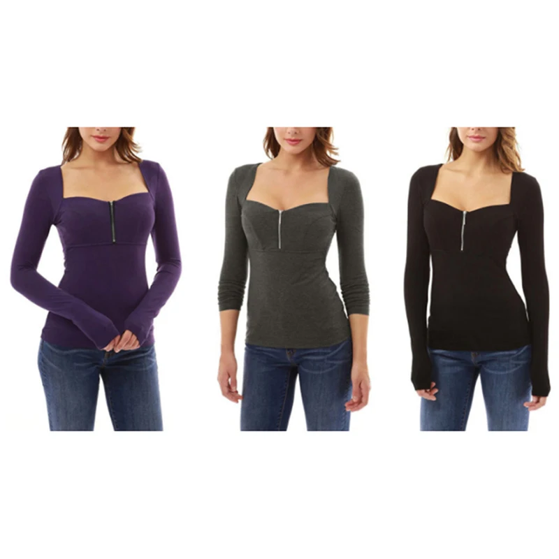 Fashion Women Zippers Tee Shirt Sexy Summer Autumn Slim Blusa Long Sleeve Square CollarTops Womens Tops And Blouses |