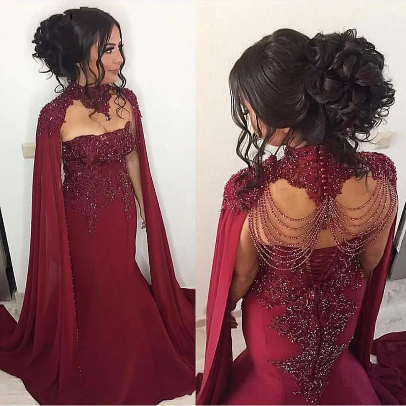 Burgundy JaneVini Роскошные арабские вечерние платья русалки с накидкой Vestiti Lunghi бордовые шифоновые женские кружевные вечерние платья с бисером - Цвет: Burgundy