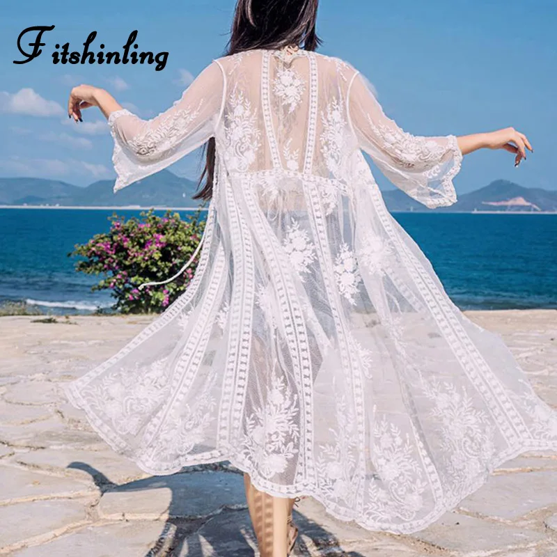 white Fitshinling Boho Летний Пляжный кружевной прозрачный сексуальный купальник кимоно праздничный белый длинный кардиган бикини внешняя крышка - Цвет: white