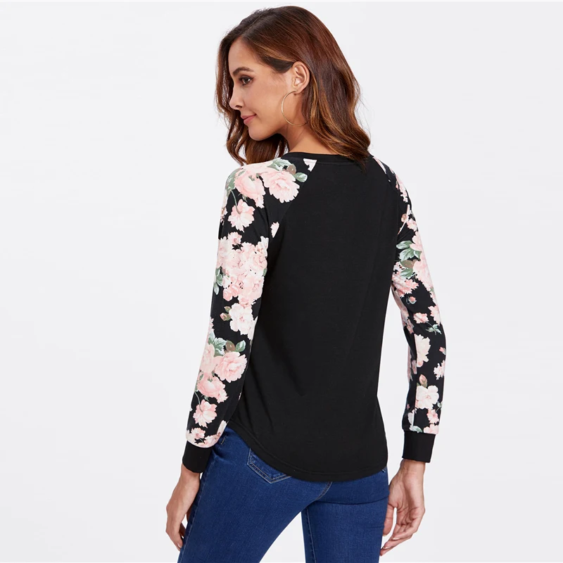 Dotfashion черная Цветочная футболка с рукавом реглан, повседневная женская футболка с длинным рукавом, осенняя одежда, Весенняя уличная футболка