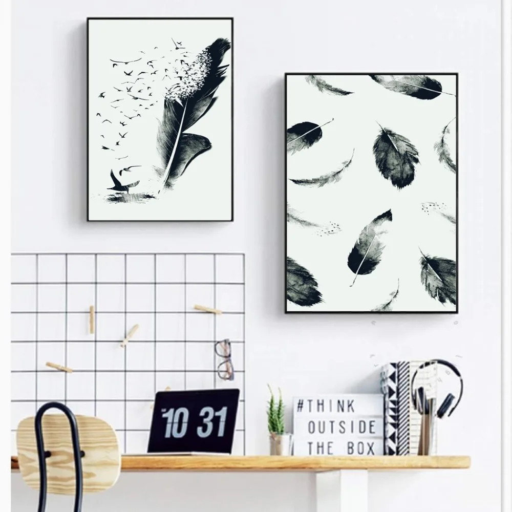 Feather Wings Black and White Art Canvas Painting Wall Nordic Decoration Home Modern Poster For Living Room Print Picture | Дом и сад