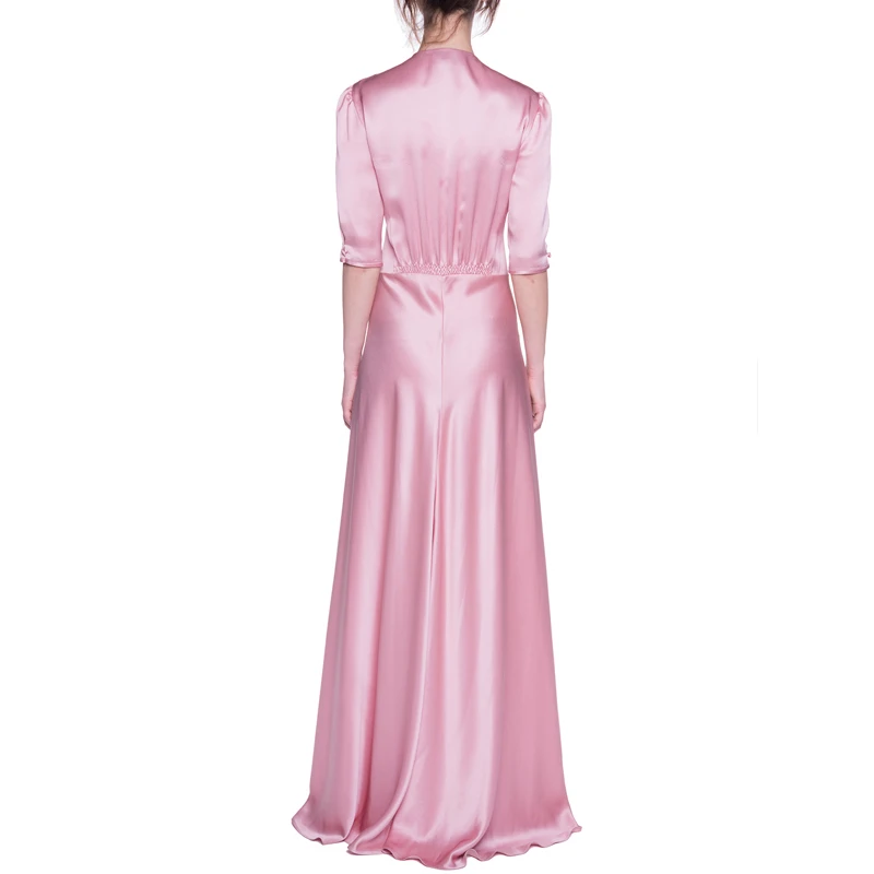 Женское шелковое платье с V-образным вырезом розовое однобортное Плиссированное