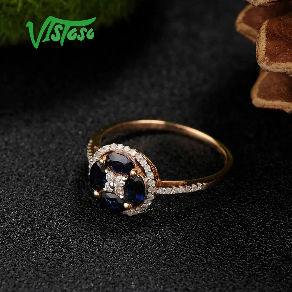 VISTOSO золотые кольца для женщин Подлинная 14K 585 розовое золото кольцо сверкающие алмазы, синий сапфир помолвки круглые кольца ювелирные изделия