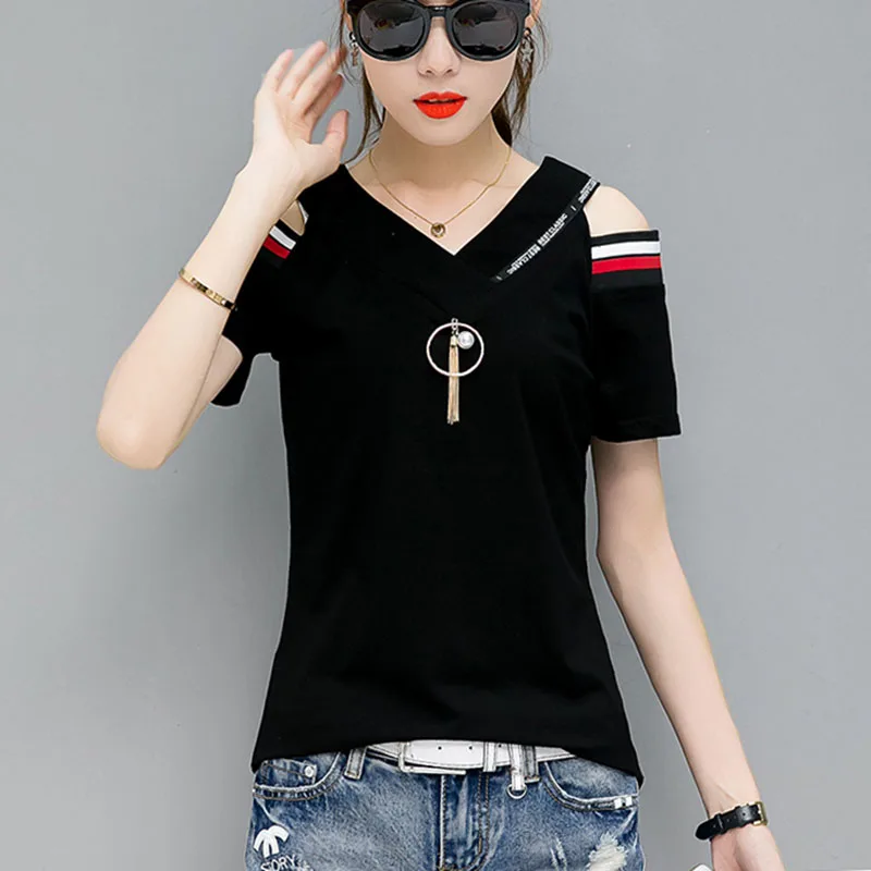 Летний топ с открытыми плечами женские футболки 2019 футболка Женская