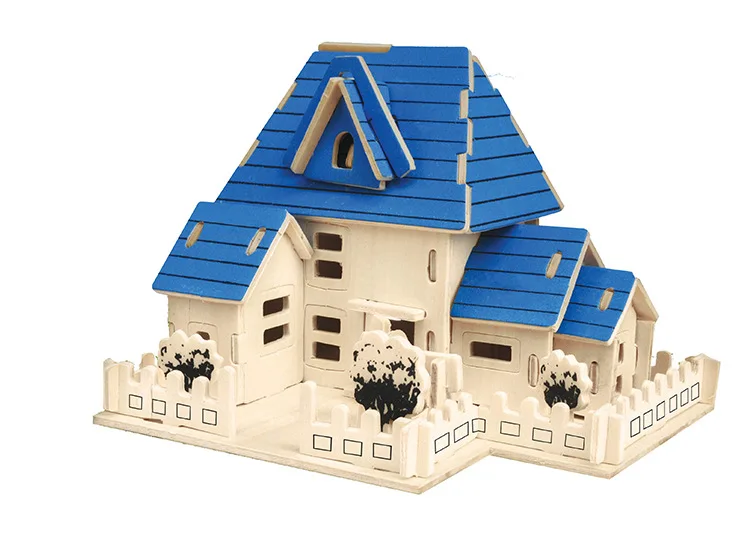 

candice guo! wooden toy 3D puzzle hand work DIY woodcraft assemble kit happy house blue red build birthday Christmas gift 1pc