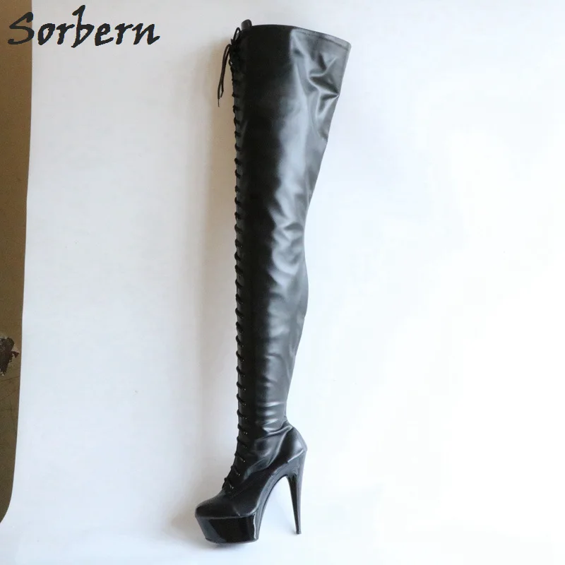 

Sorbern Sexy Fetish Boots Women 15Cm Platform 80Cm Crotch Thigh High Burlesque Heel Lace Up Zip Black Matte Custom Colors