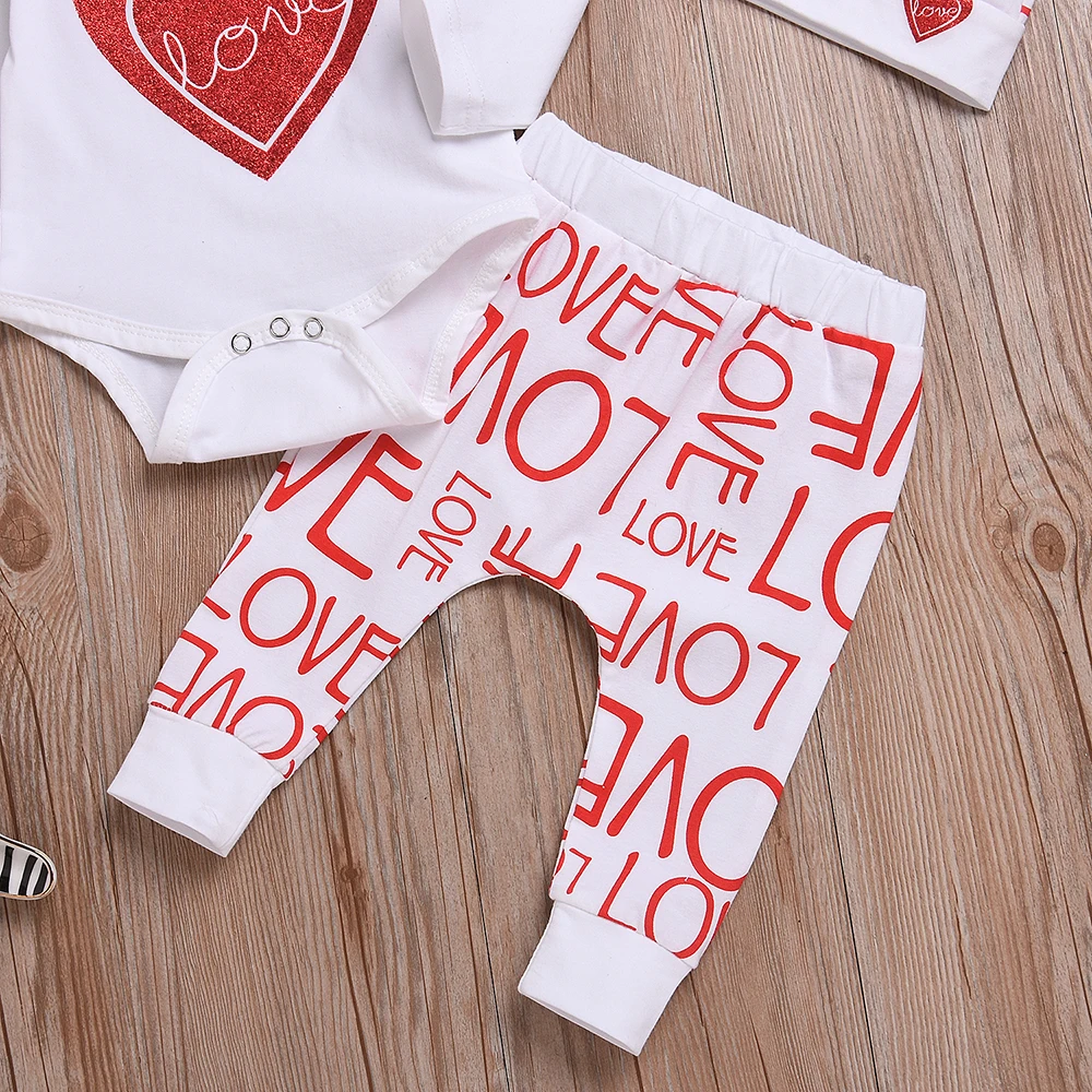 2018 3 шт. Осенняя Одежда для маленьких девочек люблю белый комбинезон с длинными