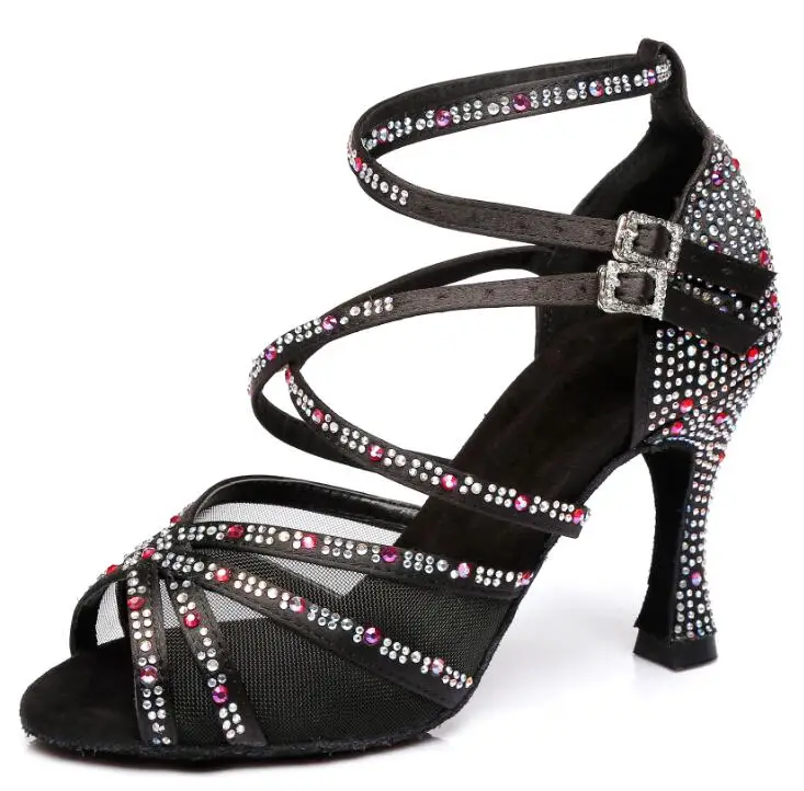 black heel 8.5cm Женская танцевальная обувь для сальсы; вечерние туфли с квадратным каблуком для джаза; женская Обувь для бальных танцев; замшевая подошва на каблуке; обувь для танцев; JuseDanc - Цвет: black heel 8.5cm