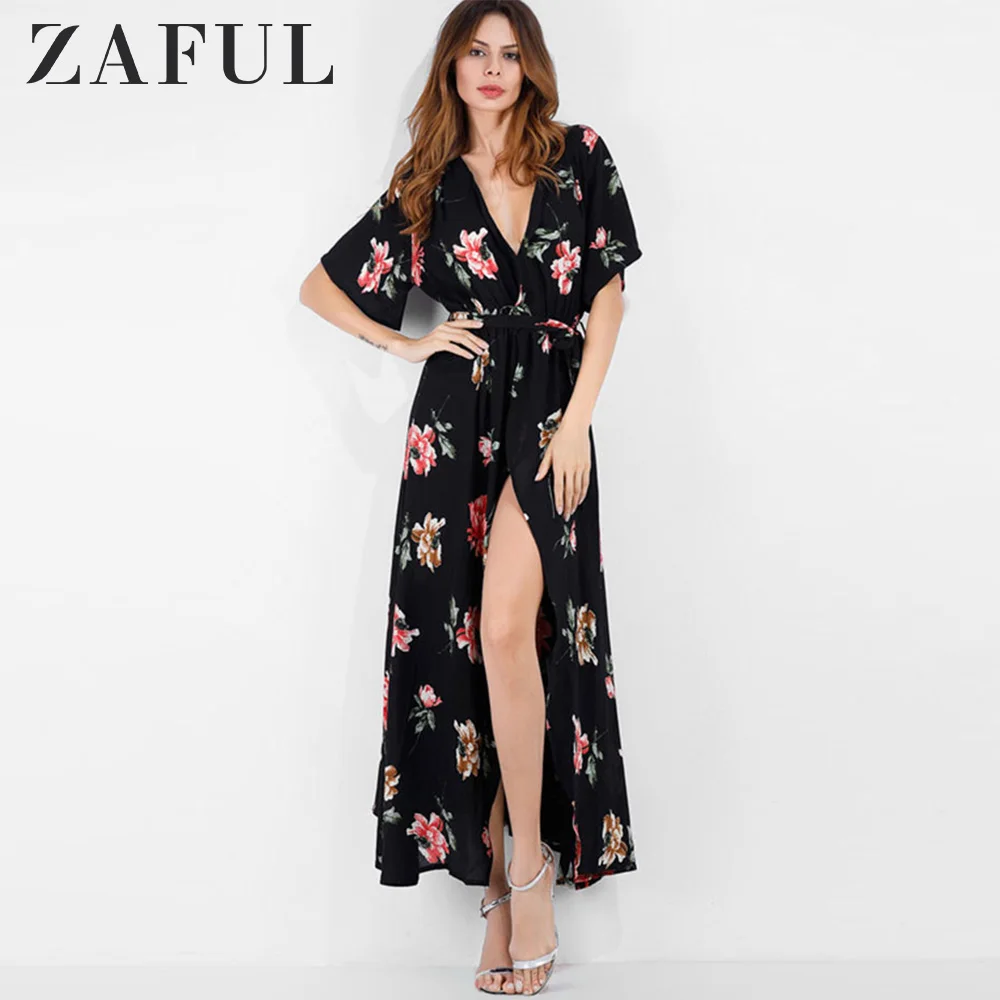 Женское платье макси ZAFUL длинное с цветочным принтом и поясом элегантное