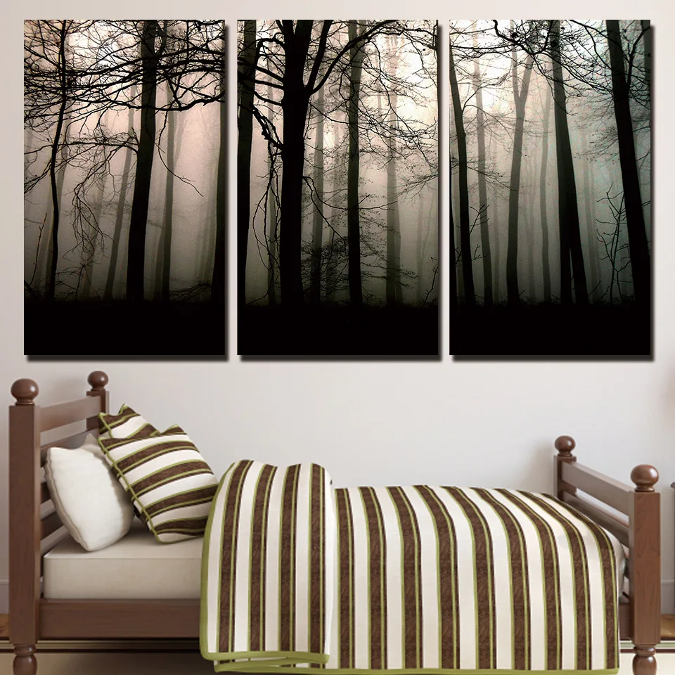 3 панели Холст Искусство туманный Темный лес домашний декор настенная живопись