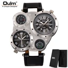 Спортивные часы OULM 9415, мужские повседневные наручные часы с кожаным ремешком, с большим циферблатом, с двумя часовыми поясами, уникальные мужские кварцевые часы