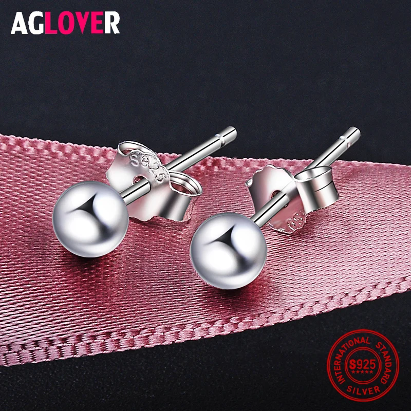 

925 Sterling Silver Smooth Round 4mm Bead Stud Earrings Women Jewelry