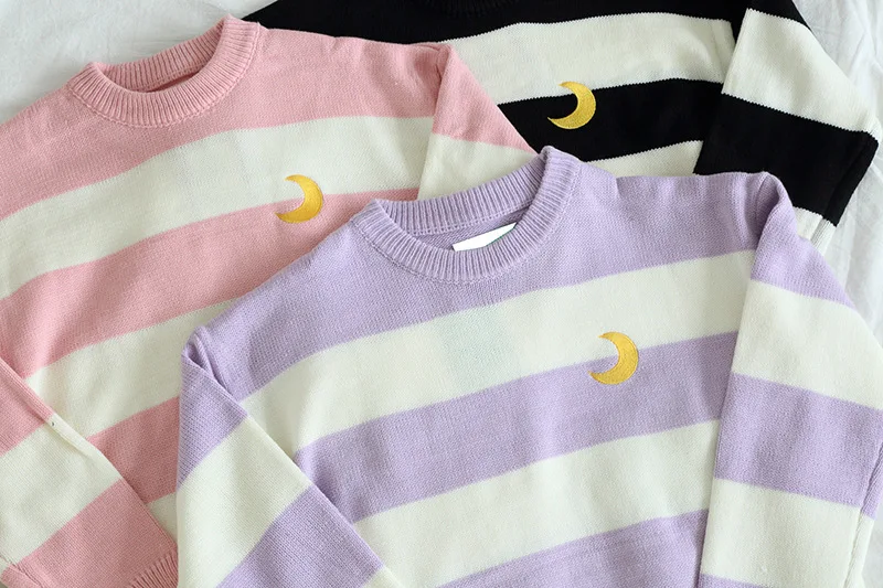 Корейский стиль, женские свитера, Kawaii, мороженое, цветная полоска, луна, вышивка, милая вязаная одежда, женская одежда Harajuku, Осень-зима