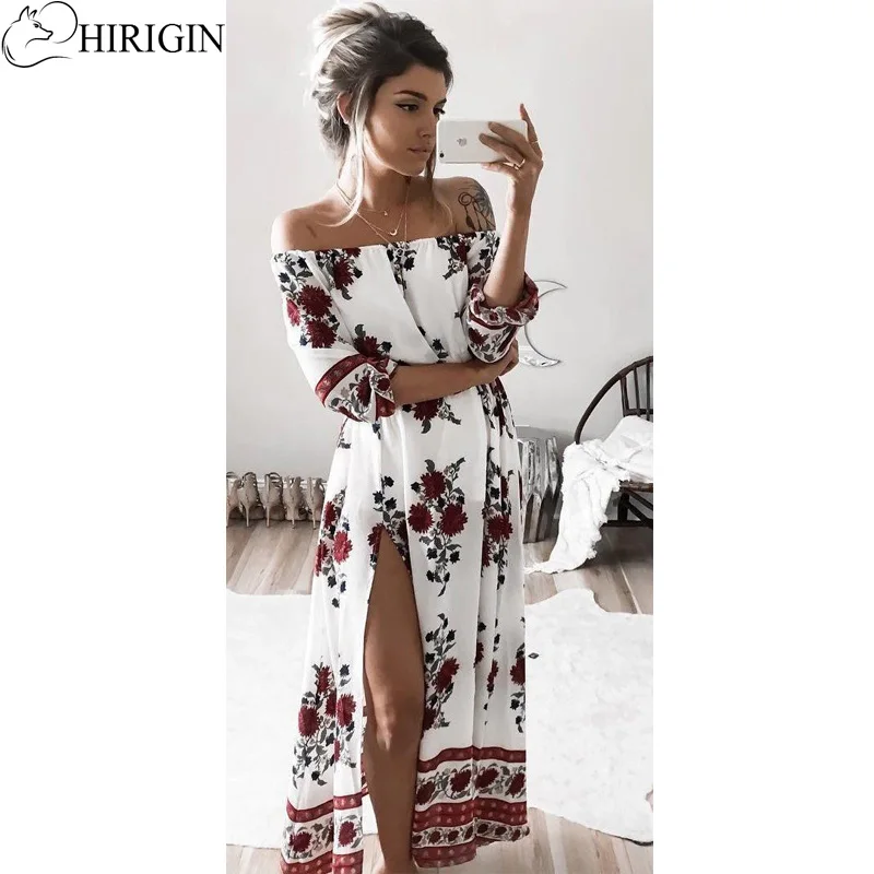 HIRIGIN летнее пляжное платье в стиле бохо с открытыми плечами в винтажном стиле с цветочным принтом женское длинное платье с коротким рукавом свободное Макси платье Vestidos