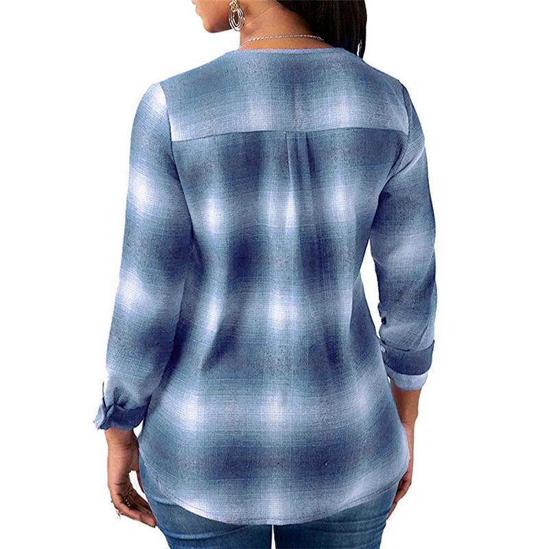 Fashion Womens Tops and Blouses Female Plus Size Casual Long Sleeve Pockets OL Ladies Plaid Shirt Top blusas mujer de moda 2019