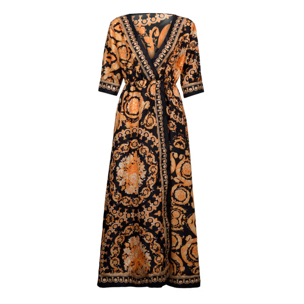 Женское длинное платье с цветочным принтом Boho в пол коротким рукавом и прямым