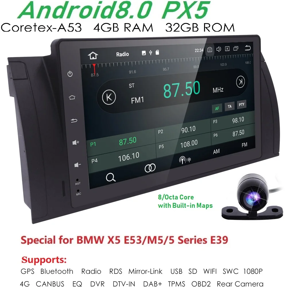 9-дюймовый Android8.0 PX5 Autoaudio для bmw E39 X5 gps-навигации 4 Gwifi BT canbus радио RDS 8 OctaCore 1024x600 obd2 dvr
