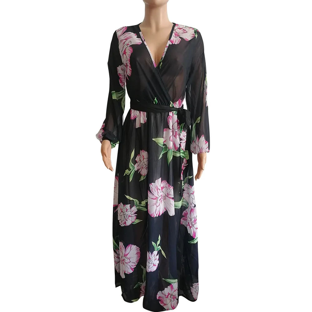Летнее платье макси с длинным рукавом и цветочным принтом винтажное длинное